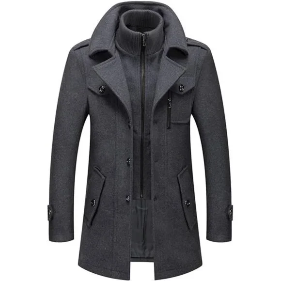 Men's Thermal Single Breasted Wool Blend Coat Business Peacoat with